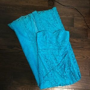 David’s Bridal Ocean Blue Lace Strapless Dress